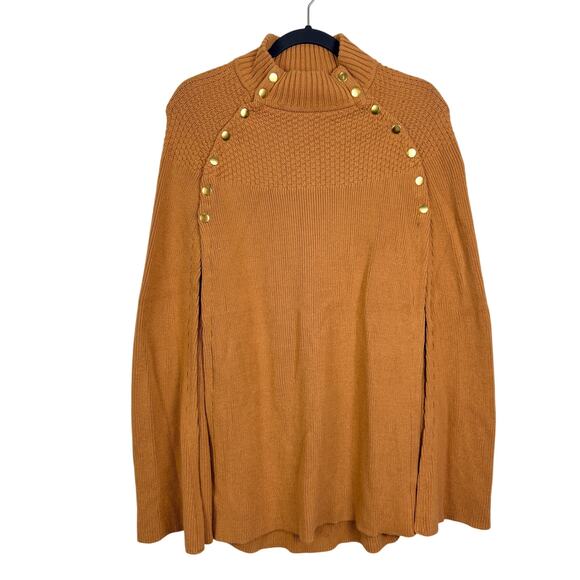 EUC G.I.L.I. Tan Mock Neck Knit Sweater Cape Poncho Gold Button Detail M/L - Picture 1 of 10